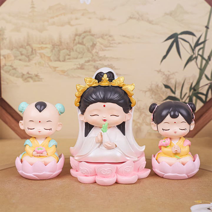 Buddha Stones Meditation Avalokitesvara Lotus Boy Girl Resin Statue Harmony Home Decoration - image 1