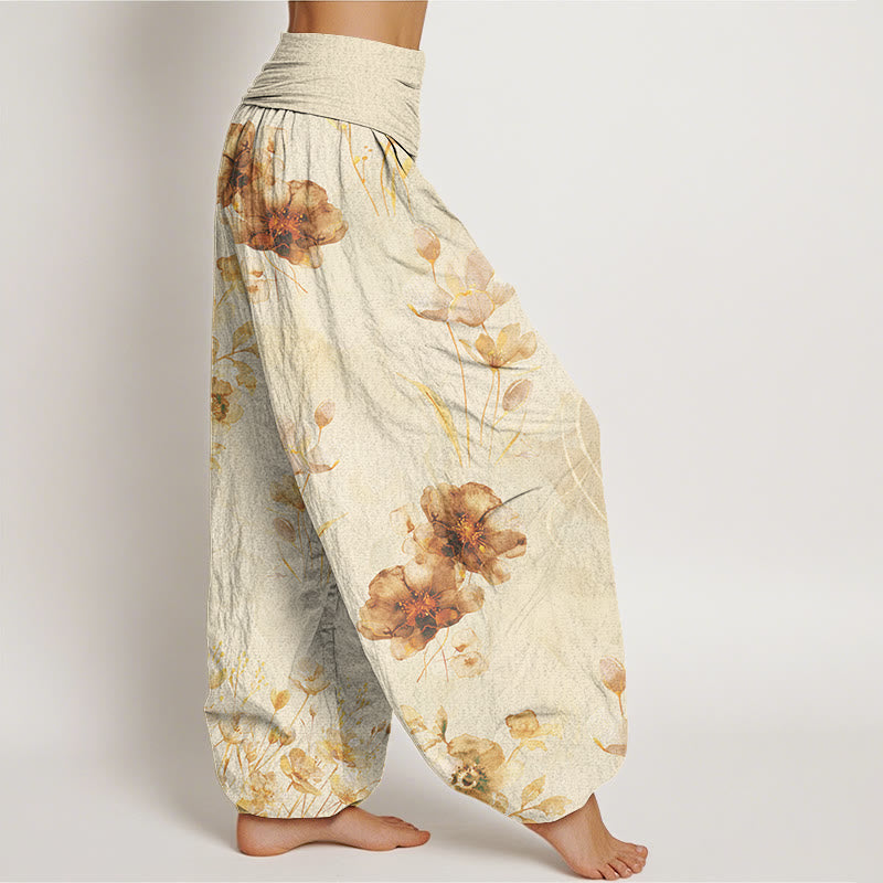 Buddha Stones Blooming Varying Flower Pattern Women's Elastic Waist Harem Pants