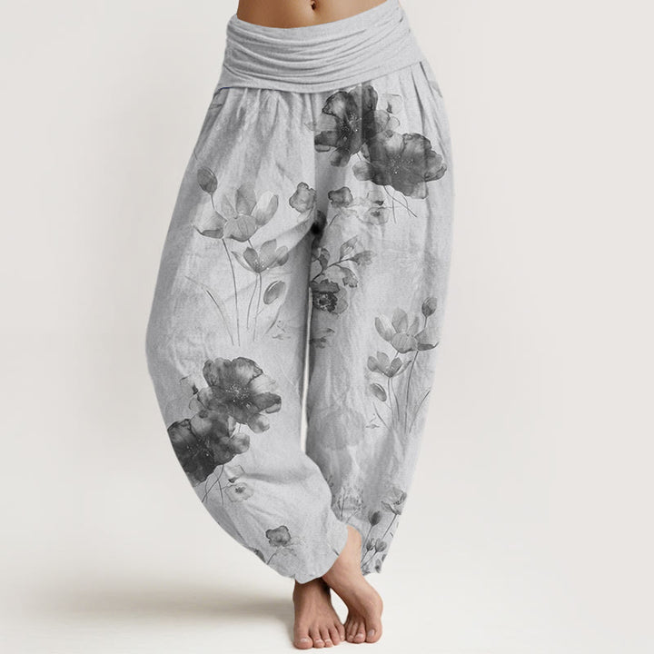 Buddha Stones Blooming Varying Flower Pattern Women's Elastic Waist Harem Pants