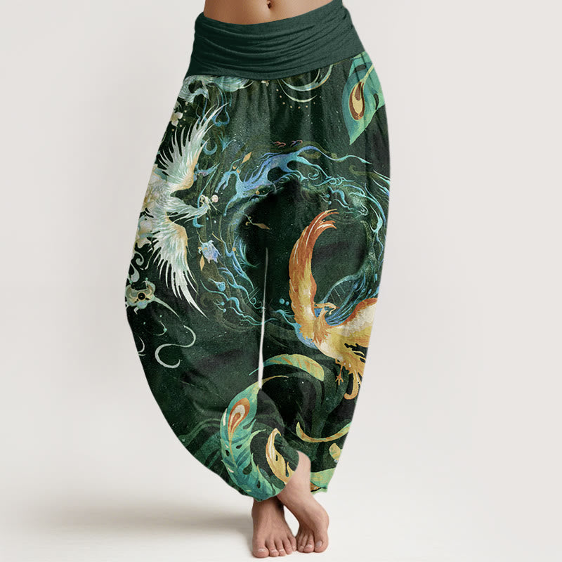 Buddha Stones Phoenix Flower Pattern Women's Elastic Waist Harem Pants