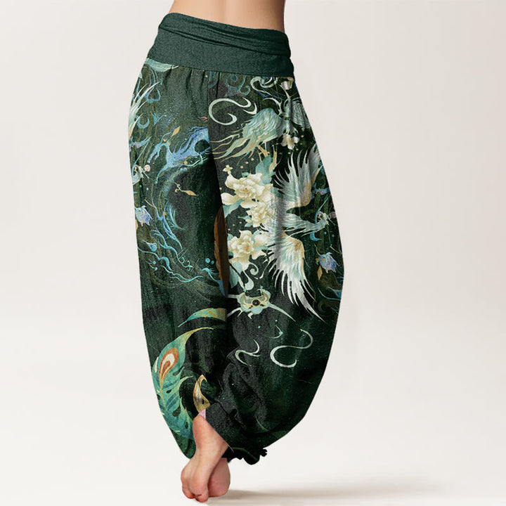 Buddha Stones Phoenix Flower Pattern Women's Elastic Waist Harem Pants