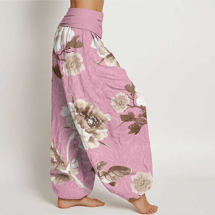 Buddha Stones Folwers With Leaves Pattern Women's Elastic Waist Harem Pants