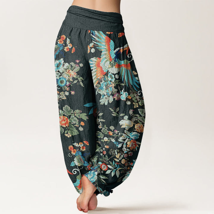 Buddha Stones Colorful Flowers Birds Leaves Pattern Women's Elastic Waist Harem Pants