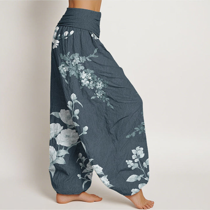 Buddha Stones Blooming And Budding Flowers With Leaves Pattern Women's Elastic Waist Harem Pants