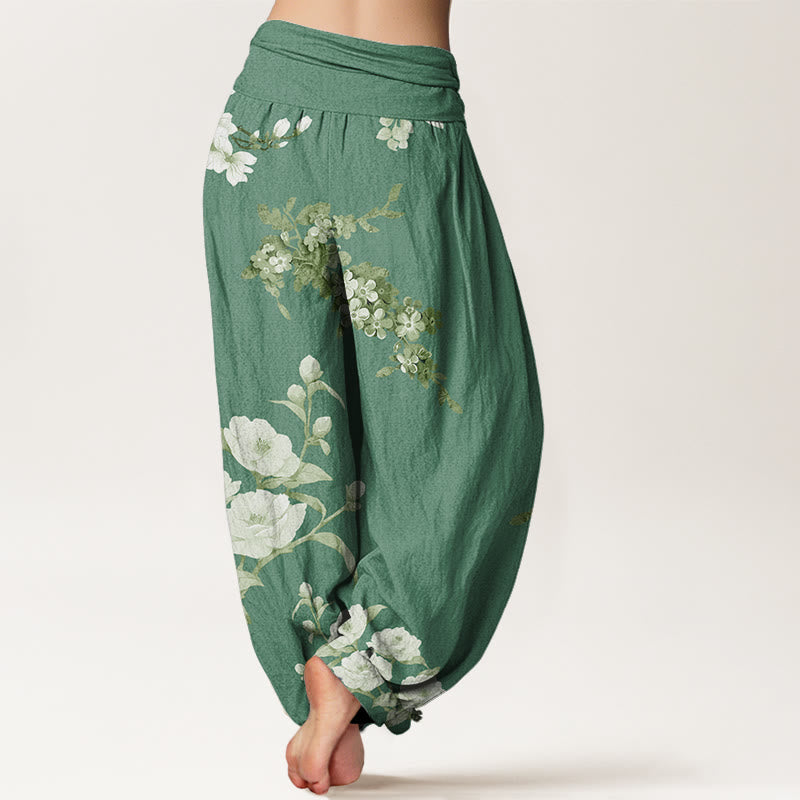 Buddha Stones Blooming And Budding Flowers With Leaves Pattern Women's Elastic Waist Harem Pants