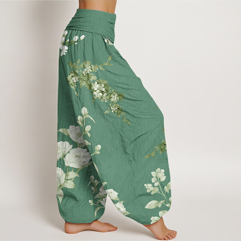 Buddha Stones Blooming And Budding Flowers With Leaves Pattern Women's Elastic Waist Harem Pants