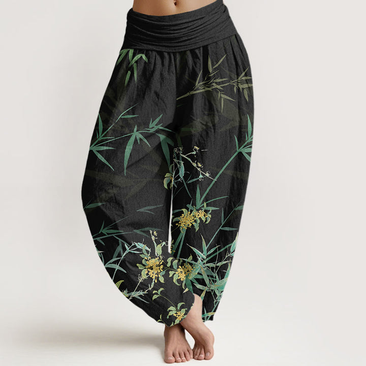 Buddha Stones Blooming Flowers Bamboo Pattern Women's Elastic Waist Harem Pants