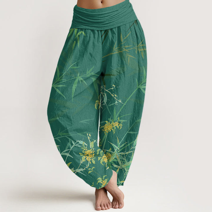 Buddha Stones Blooming Flowers Bamboo Pattern Women's Elastic Waist Harem Pants