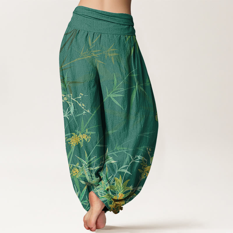 Buddha Stones Blooming Flowers Bamboo Pattern Women's Elastic Waist Harem Pants