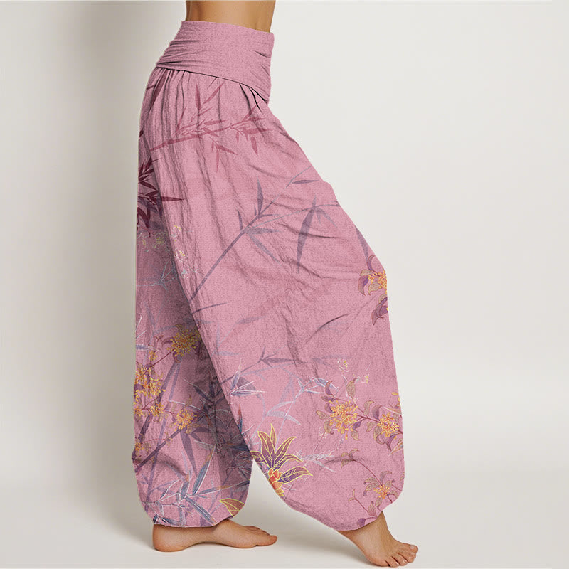 Buddha Stones Blooming Flowers Bamboo Pattern Women's Elastic Waist Harem Pants