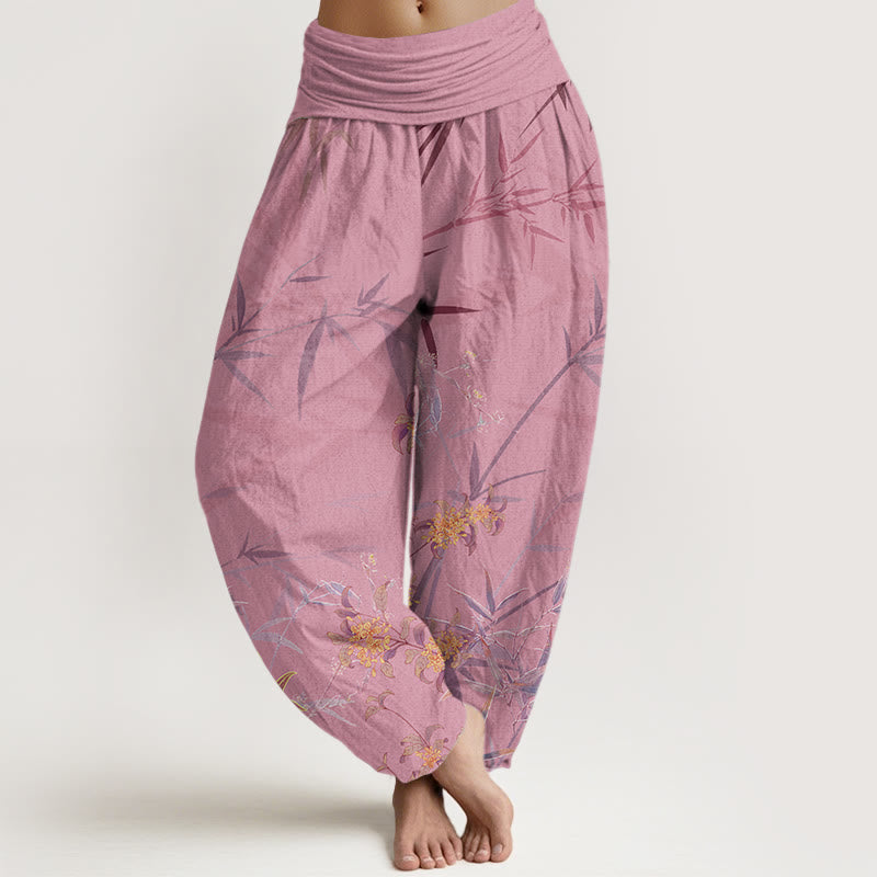 Buddha Stones Blooming Flowers Bamboo Pattern Women's Elastic Waist Harem Pants