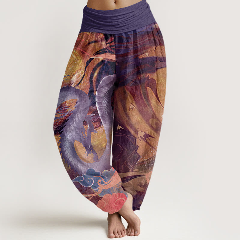 Buddha Stones Dragon Auspicious Clouds Pattern Women's Elastic Waist Harem Pants