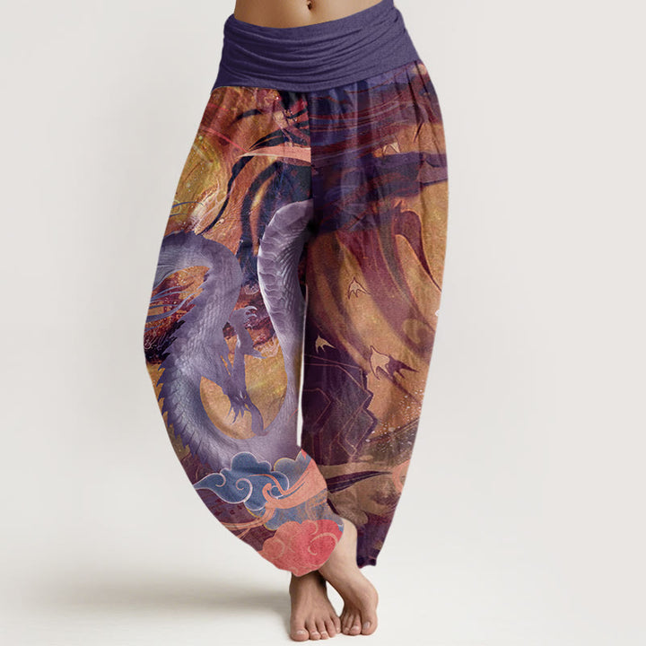 Buddha Stones Dragon Auspicious Clouds Pattern Women's Elastic Waist Harem Pants