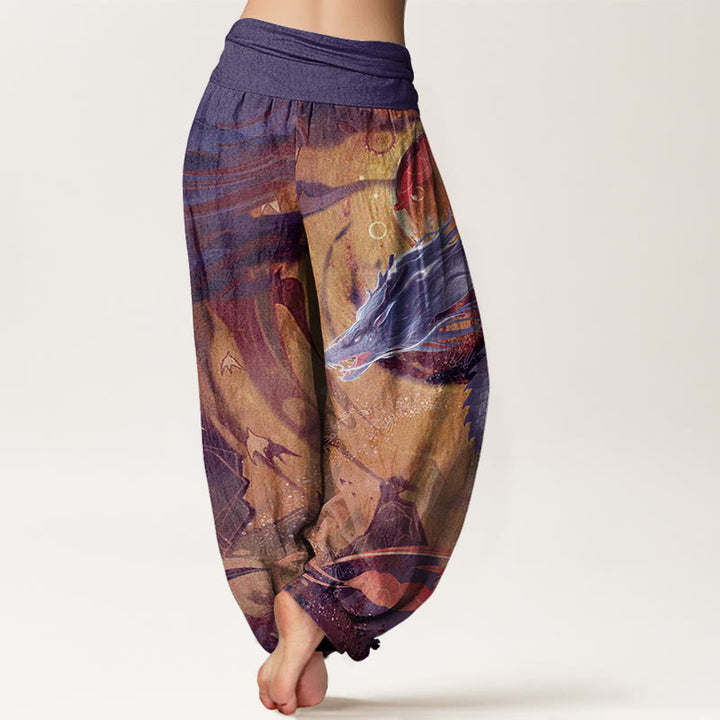 Buddha Stones Dragon Auspicious Clouds Pattern Women's Elastic Waist Harem Pants