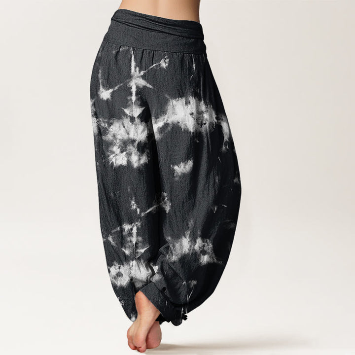 Buddha Stones White Lines Spots Tie-Dye Pattern Women's Elastic Waist Harem Pants