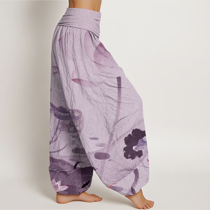 Buddha Stones Ink Lotus Flowers Leaves Koi Fish Pattern Women's Elastic Waist Harem Pants