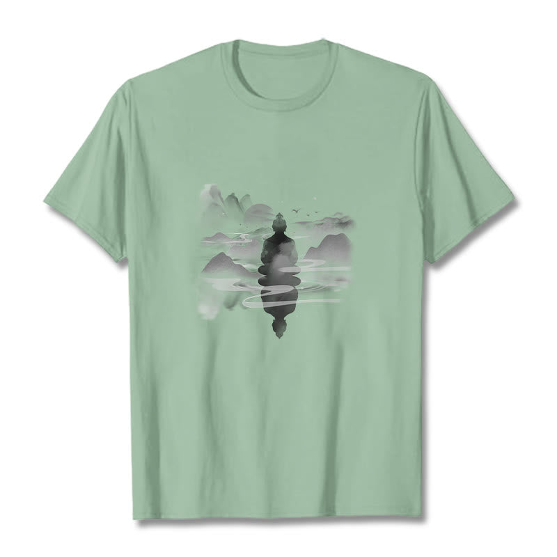 Buddha Stones Meditating Buddha Sitting In Mountains Pattern Cotton Tee T-shirt - Pale Green - 2XL - image 13