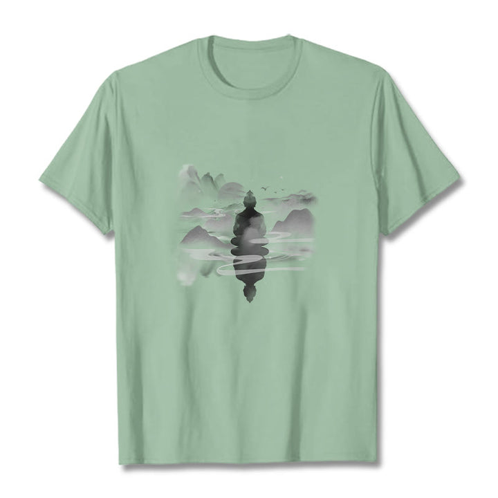 Buddha Stones Meditating Buddha Sitting In Mountains Pattern Cotton Tee T-shirt - Pale Green - 2XL - image 13