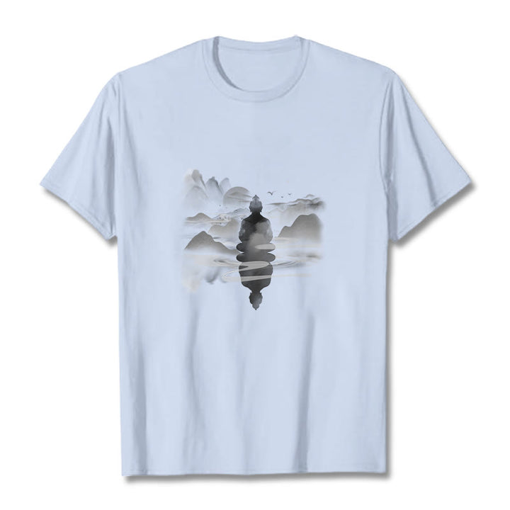 Buddha Stones Meditating Buddha Sitting In Mountains Pattern Cotton Tee T-shirt - Light Cyan - 2XL - image 18