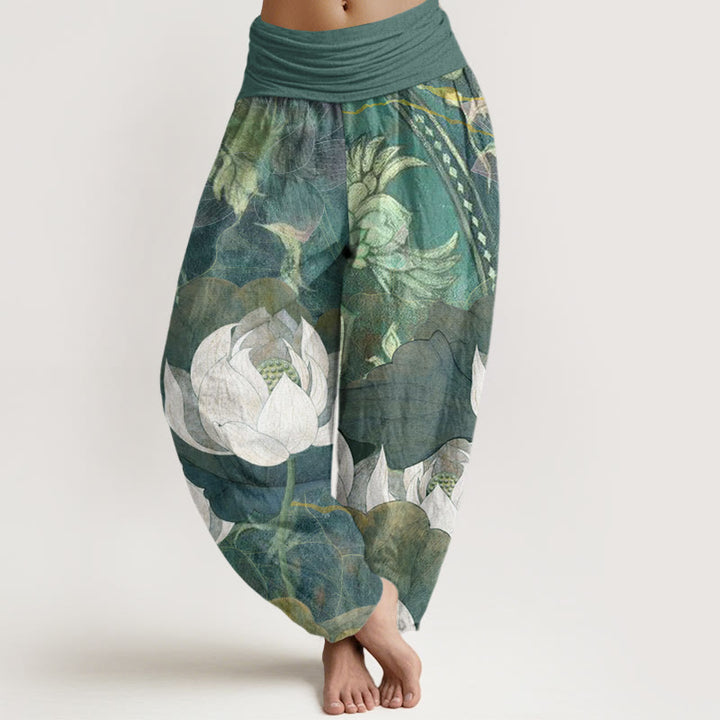 Buddha Stones White Lotus Leaves Pattern Casual Women's Elastic Waist Harem Pants