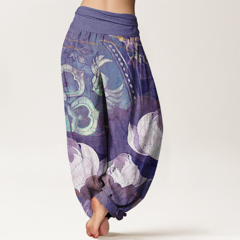 Buddha Stones Cotton White Lotus Leaves Pattern Casual Women's Elastic Waist Harem Pants - image 7