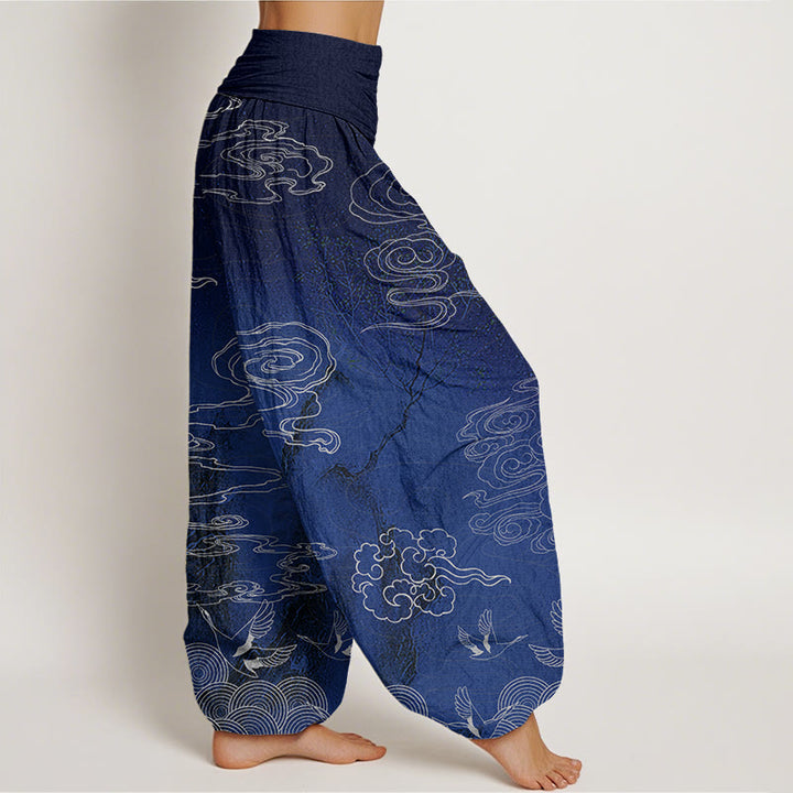 Buddha Stones White Auspicious Clouds Birds Tree Pattern Women's Elastic Waist Harem Pants