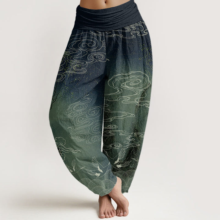 Buddha Stones White Auspicious Clouds Birds Tree Pattern Women's Elastic Waist Harem Pants - DarkGreen - US22，UK/AU26，EU54 (6XL) - image 5