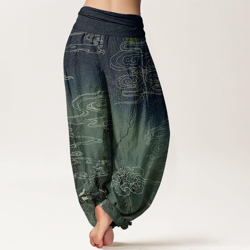 Buddha Stones White Auspicious Clouds Birds Tree Pattern Women's Elastic Waist Harem Pants