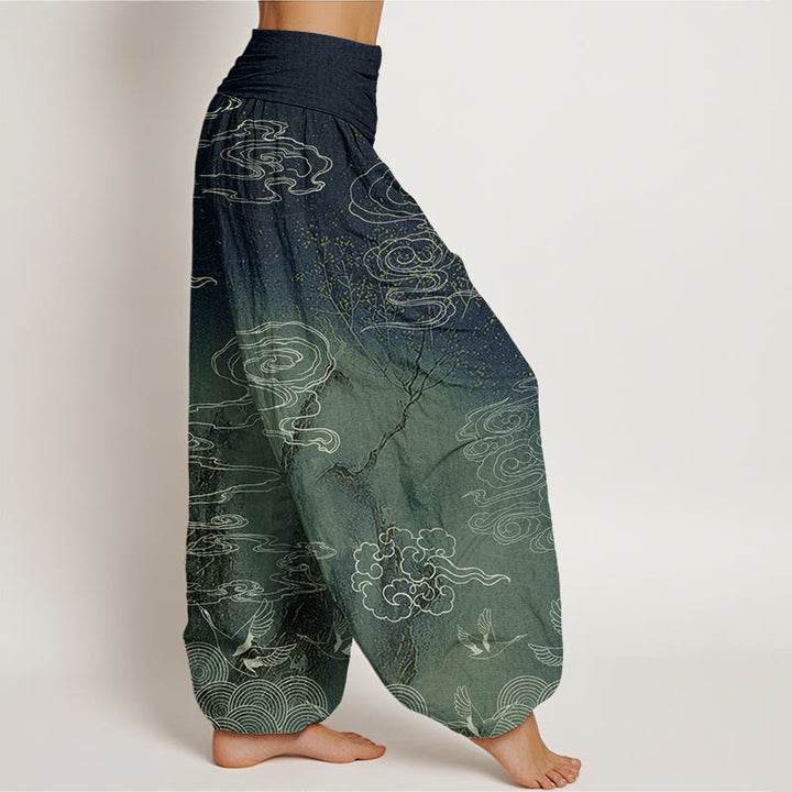 Buddha Stones White Auspicious Clouds Birds Tree Pattern Women's Elastic Waist Harem Pants