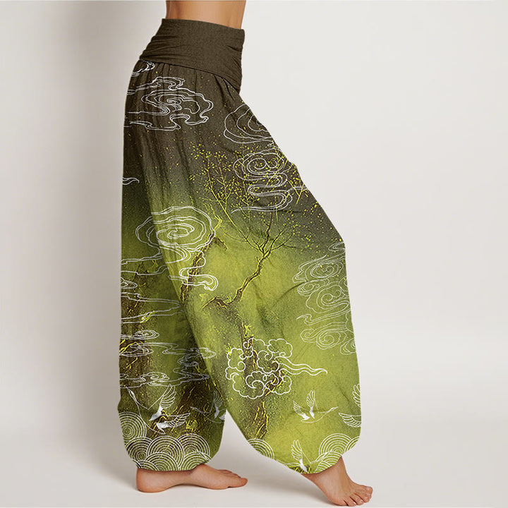 Buddha Stones White Auspicious Clouds Birds Tree Pattern Women's Elastic Waist Harem Pants