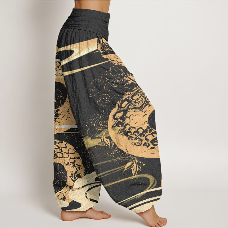 Buddha Stones Auspicious Clouds With Snake Pattern Women's Elastic Waist Harem Pants