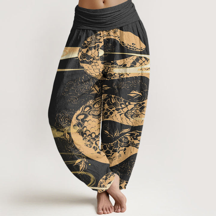 Buddha Stones Auspicious Clouds With Snake Pattern Women's Elastic Waist Harem Pants - Black - US22，UK/AU26，EU54 (6XL) - image 0