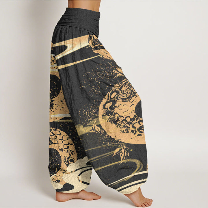 Buddha Stones Cotton Auspicious Clouds With Snake Pattern Women's Elastic Waist Harem Pants - image 1