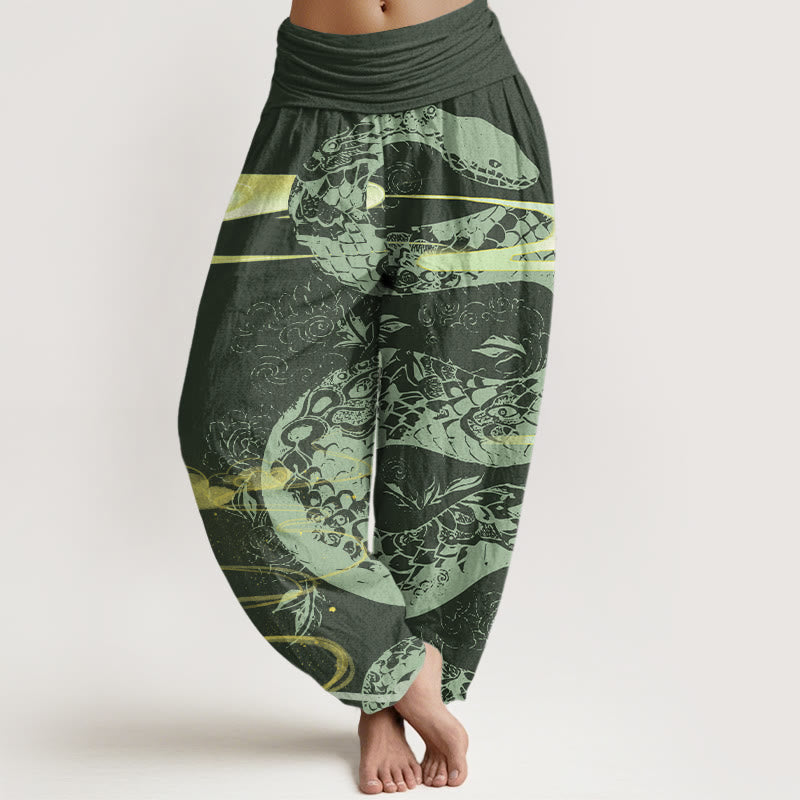 Buddha Stones Auspicious Clouds With Snake Pattern Women's Elastic Waist Harem Pants