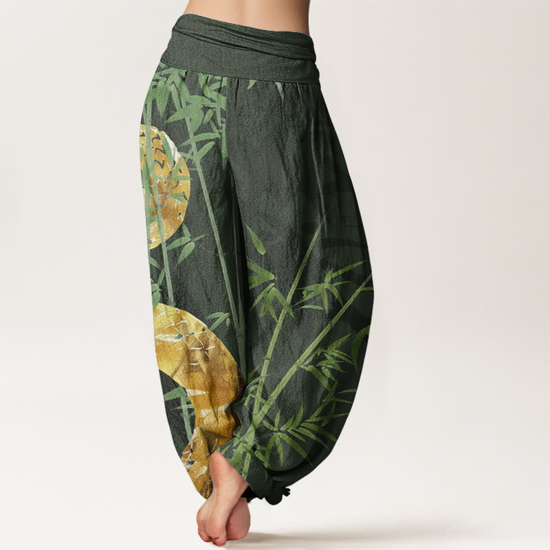 Buddha Stones Snake Surrounding Bamboo Pattern Women's Elastic Waist Harem Pants