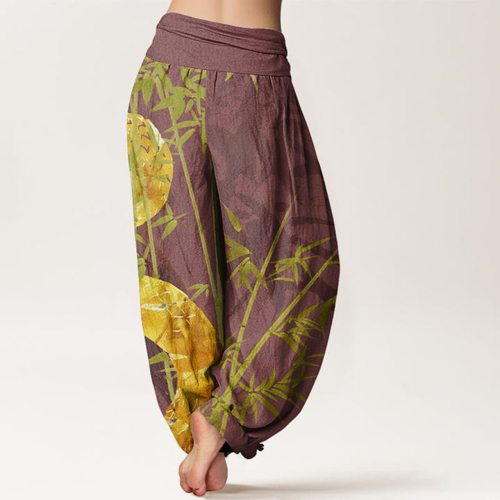 Buddha Stones Snake Surrounding Bamboo Pattern Women's Elastic Waist Harem Pants