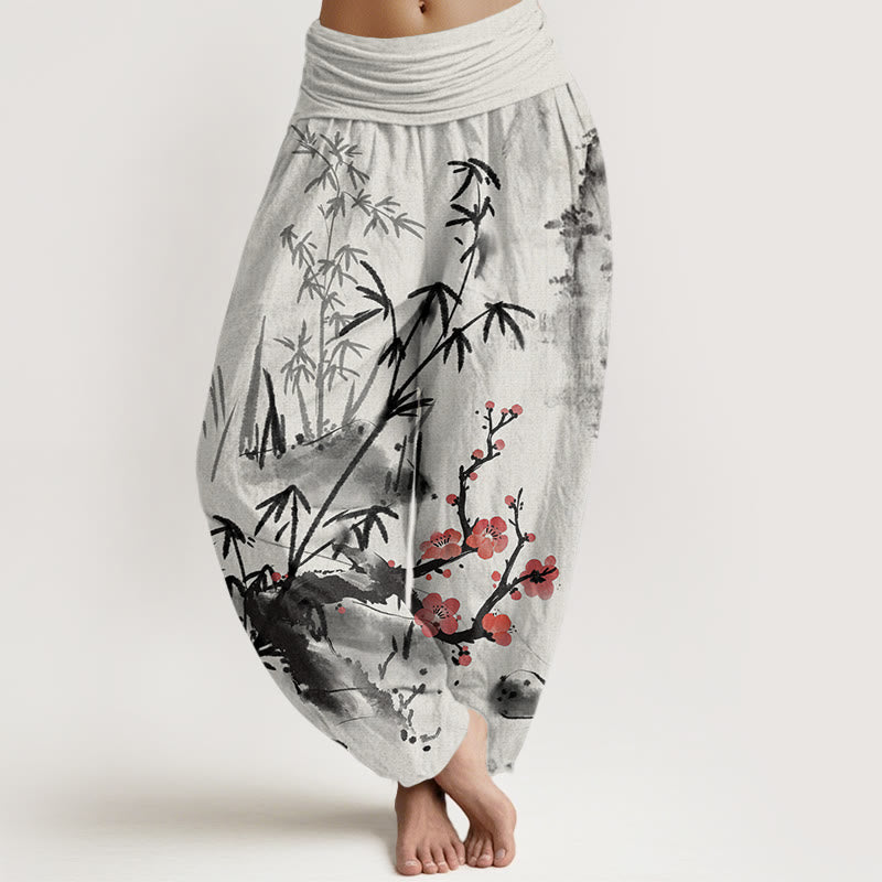 Buddha Stones Plum Blossoms Bamboo Orchids Chrysanthemums Pattern Women's Elastic Waist Harem Pants - LightGrey - US22，UK/AU26，EU54 (6XL) - image 1
