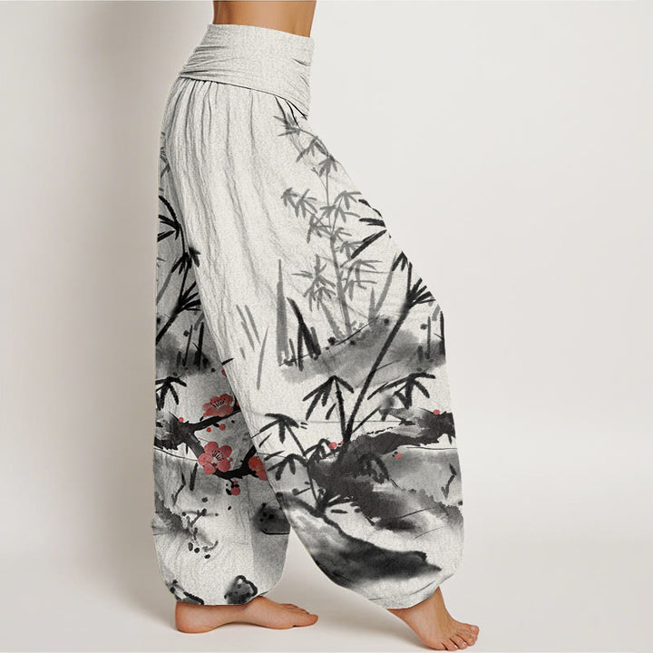 Buddha Stones Plum Blossoms Bamboo Orchids Chrysanthemums Pattern Women's Elastic Waist Harem Pants