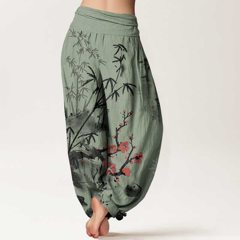 Buddha Stones Cotton Plum Blossoms Bamboo Orchids Chrysanthemums Pattern Women's Elastic Waist Harem Pants - image 6