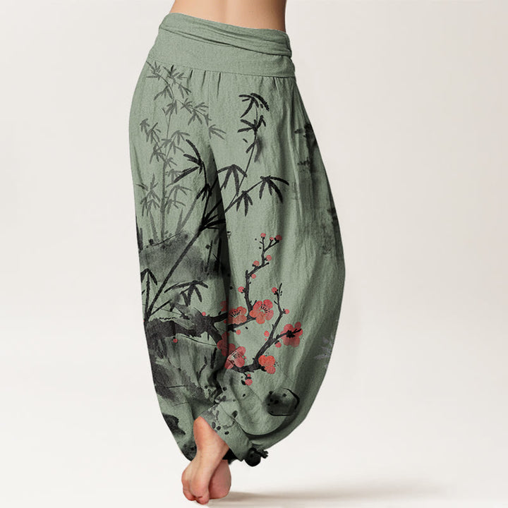 Buddha Stones Cotton Plum Blossoms Bamboo Orchids Chrysanthemums Pattern Women's Elastic Waist Harem Pants - image 6