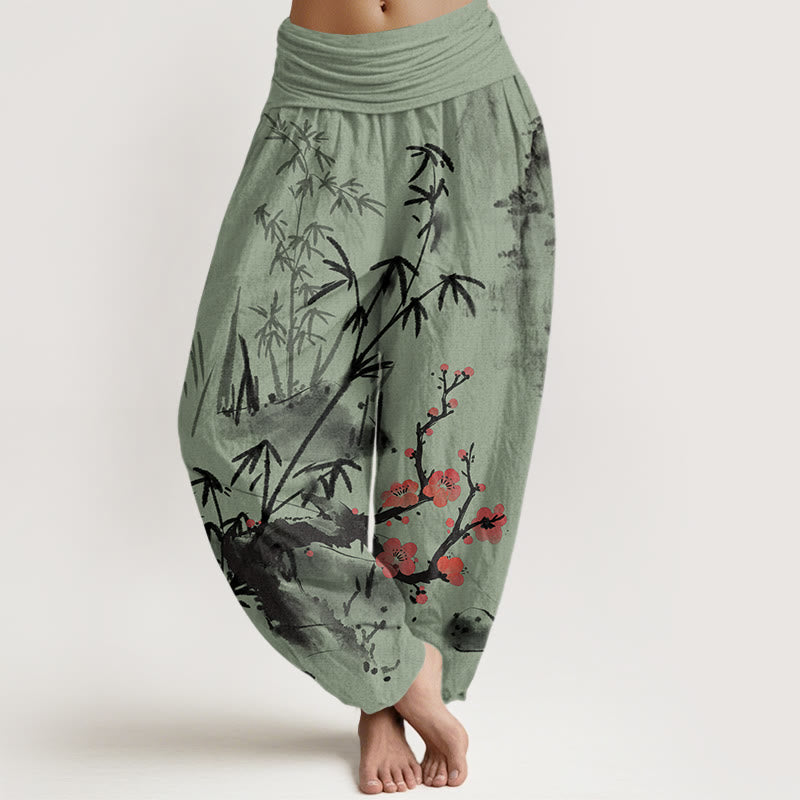 Buddha Stones Plum Blossoms Bamboo Orchids Chrysanthemums Pattern Women's Elastic Waist Harem Pants - LightGreen - US22，UK/AU26，EU54 (6XL) - image 5