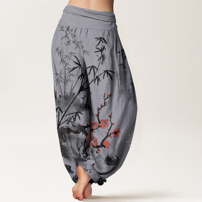 Buddha Stones Plum Blossoms Bamboo Orchids Chrysanthemums Pattern Women's Elastic Waist Harem Pants - image 10