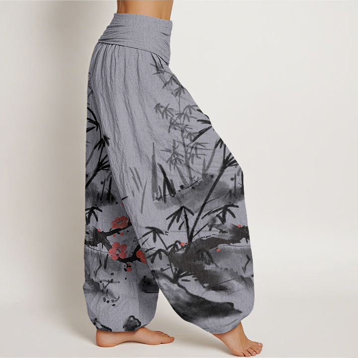 Buddha Stones Plum Blossoms Bamboo Orchids Chrysanthemums Pattern Women's Elastic Waist Harem Pants