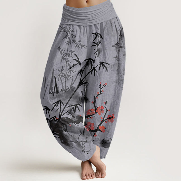 Buddha Stones Plum Blossoms Bamboo Orchids Chrysanthemums Pattern Women's Elastic Waist Harem Pants - MediumPurple - US22，UK/AU26，EU54 (6XL) - image 8