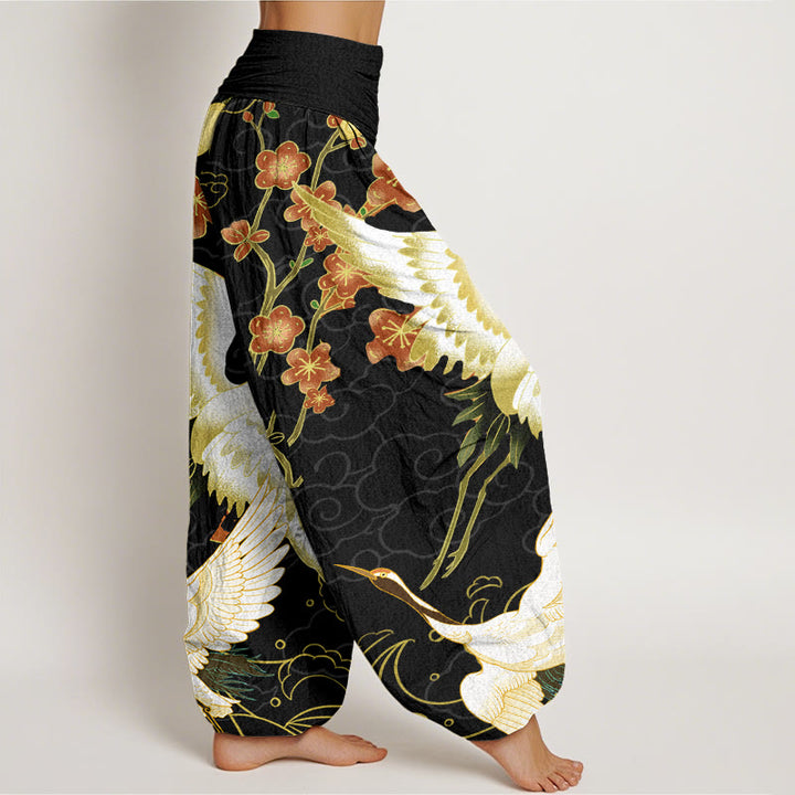 Buddha Stones Cranes Flowers Auspicious Clouds pattern Women's Elastic Waist Harem Pants