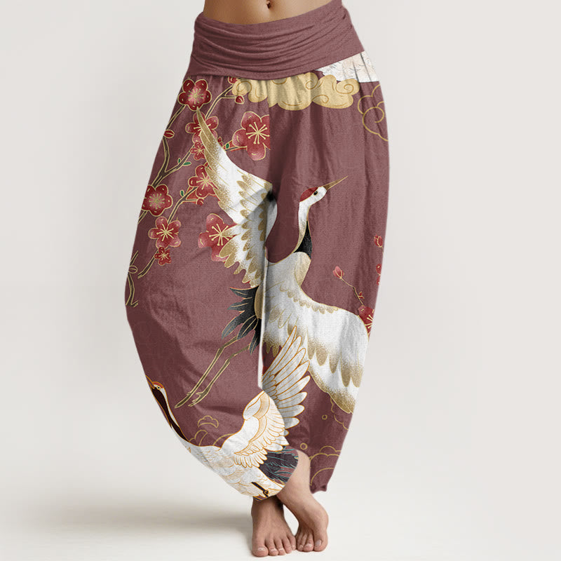 Buddha Stones Cranes Flowers Auspicious Clouds pattern Women's Elastic Waist Harem Pants