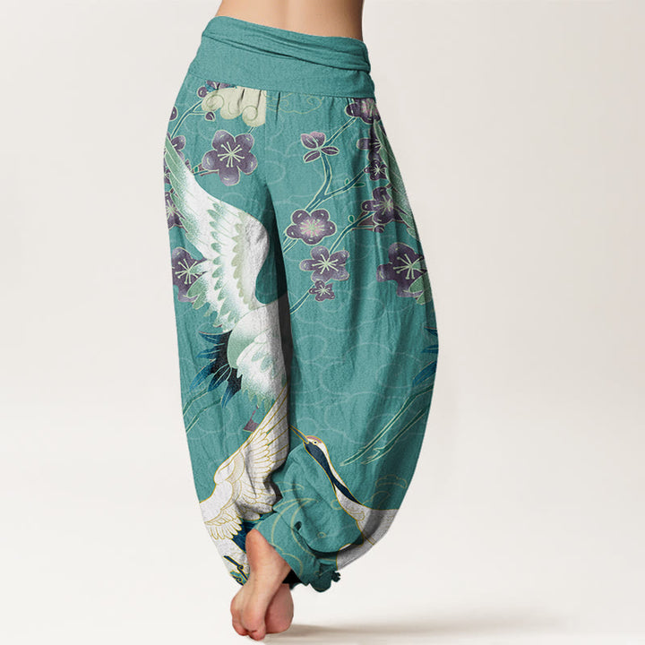 Buddha Stones Cotton Cranes Flowers Auspicious Clouds pattern Women's Elastic Waist Harem Pants - image 7