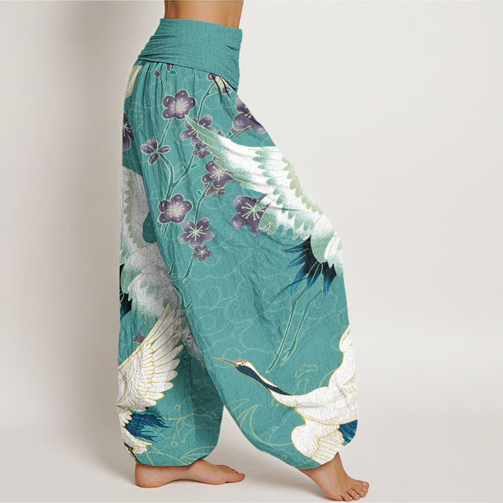 Buddha Stones Cranes Flowers Auspicious Clouds pattern Women's Elastic Waist Harem Pants