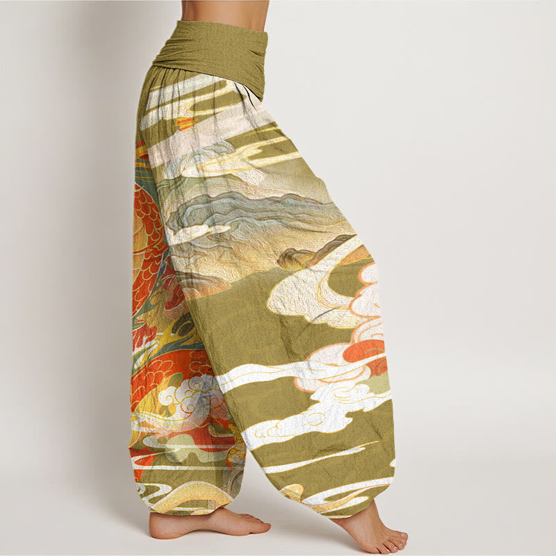 Buddha Stones Dragons Auspicious Clouds pattern Women's Elastic Waist Harem Pants