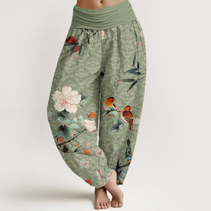 Buddha Stones Warbler Bird Blooming Flower Branches Mandala Pattern Women's Elastic Waist Harem Pants